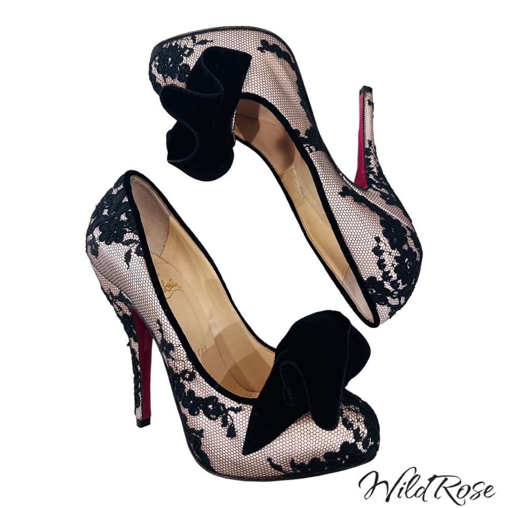 CHRISTIAN LOUBOUTIN “Lady Page” Black Floral Lace &Velvet Nude Heels SZ 36 - Picture 5 of 17